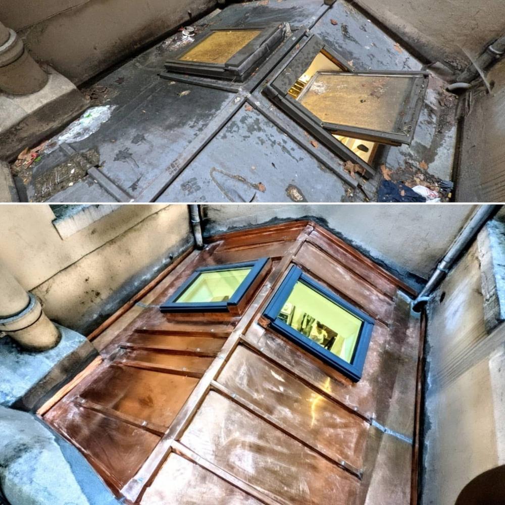 Avant après de la rénovation d'un toit en zinc